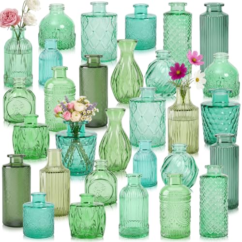 30Pcs Assorted Vintage Bud Vases, Colorful Glass Small Vases Bulk, for Centerpieces, Wedding Table Decor, Home Decorations & Gifts (Green Series) - color: Green Series, size: 30Pcs