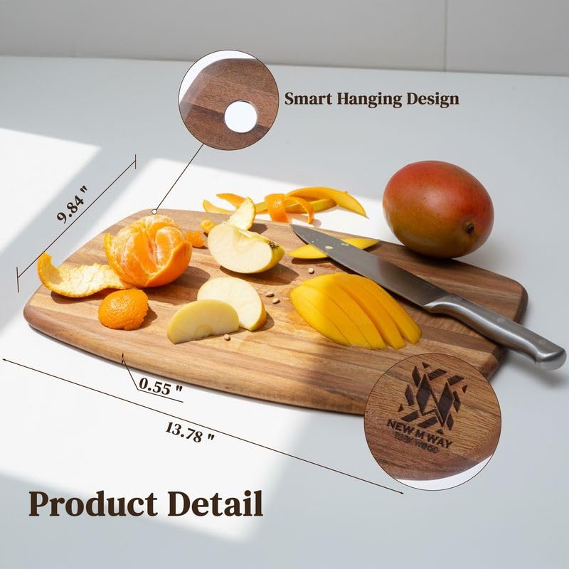 Set of 2 Acacia Wood Oval Cutting Boards 14" x 10" x 0.6" Thin, Handle & Hanging Hole, Edge Grain Solid Hardwood for Kitchen Prep, Cheese, Fruit, Bread, Non-Toxic, BPA/Plastic Free by New M Way - size: 14" x 10" x 0.6" (Set 2)