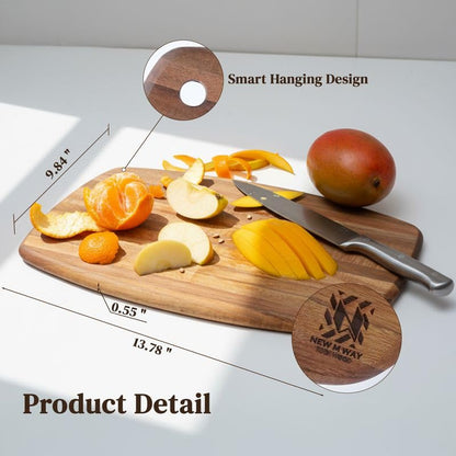 Set of 2 Acacia Wood Oval Cutting Boards 14" x 10" x 0.6" Thin, Handle & Hanging Hole, Edge Grain Solid Hardwood for Kitchen Prep, Cheese, Fruit, Bread, Non-Toxic, BPA/Plastic Free by New M Way - size: 14" x 10" x 0.6" (Set 2)