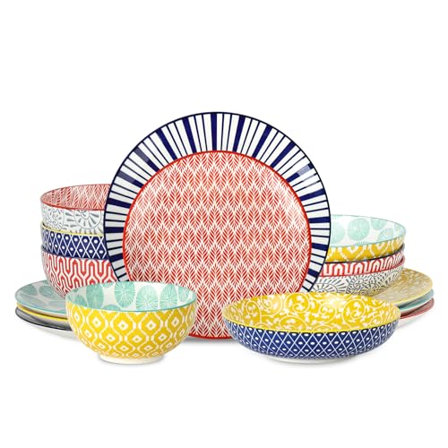Selamica Ceramic Dinnerware Sets, 16 Pieces Dishes Set for 4, Scratch Resistant Plates and Bowls Sets, Dishwasher & Microwave Safe, Assorted Colors - color: Assorted Colors, size: 16 Pieces
