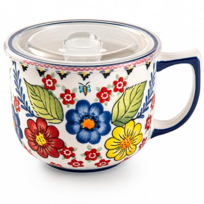 Ceramic Soup Bowl with Handle 32oz – Microwave Ramen Bowl with Lid, Hand Painted Soup Mug & Cup for Cereal, Oatmeal, Ramen, Instant Noodle, Soup Container with Lid - Polish-Inspired Folk Floral