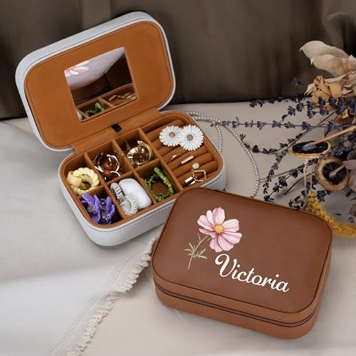 Custom Leather Jewelry Box with Name & Birth Flower Month, Birthday Gifts for Women, Personalized Jewelry Travel Case - Customized Jewelry Organizer Box, Mom Birthday Gifts, White - color: White