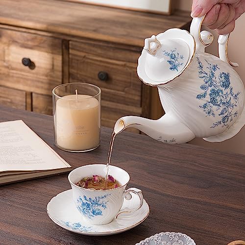 Agyiuns tea cups and saucers ceramic coffee mug 6oz for Coffee, Latte, Cafe Mocha and Tea-Set of 4,Blue - color: White with blue flowers