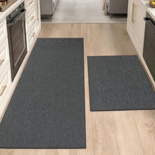 Color&Geometry Kitchen Rugs 2PCS-23x35+23x70 Non-Slip Rubber Backed,Grey | 0.15in Low Pile Dirt Resistant Kitchen Mat Fit Under Door, Absorbent, Washable Mat For Large Kitchen/Busy Homes - color: Dark Tone-grey, size: 23"X35"+23"X70"
