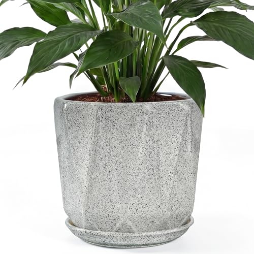 10 Inch Ceramic Plant Pot with Drainage Hole Mesh Net, Large Flower Pots for Indoor Plants with Saucer, Gardening Pots Outdoor (Gray-dot) - color: Gray-dot, size: 10 Inch