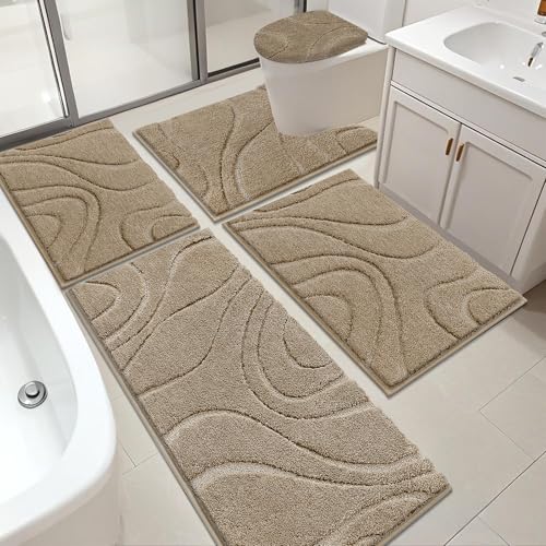 HEBE Bathroom Rugs Sets 5 Piece, Non Slip Washable Absorbent Bath Mat Set | Super Soft Plush Microfiber Bathroom Mats with Runner Set, Solid Bathmat with U-Shaped Toilet Rug Cover Set for Tub, Shower - color: Khaki, size: 18"x26"+20"x32"+20"x48"+U20"x24"+