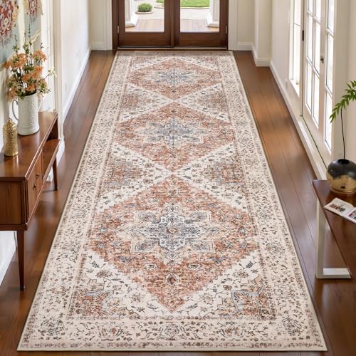 Ciicool Long 3x8ft Non-Slip Back Washable Runner Rugs for Hallways Bedside | Boho Thin Low Pile Soft Vintage Indoor Floor Oriental Throw Carpet for Entrance Bathroom Kitchen Living Room Bedroom Decor - color: Vintage Cream/Brick, size: 3' x 8' (Runner)