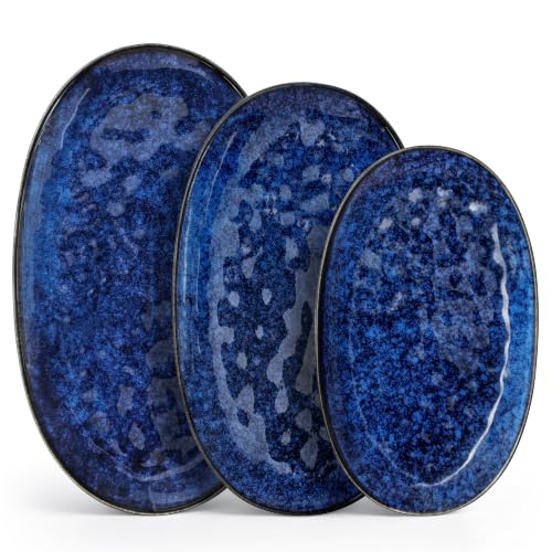 vancasso Ceramic Serving Platters Set of 3, Oval 16/14.7/13.5 Inch Stoneware Serving Dishes for Entertaining, Microwave Safe Serving Trays for Food, Turkey, Cheese, Party, Reactive Glaze Navy Blue - color: Navy Blue