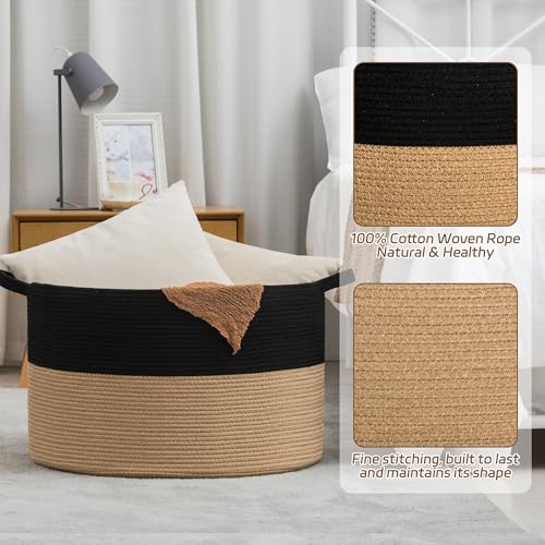 XXXLarge Woven Cotton Rope Basket (21.7" x 13.8") – Blanket Basket for Living Room, Laundry Hamper, Baby Laundry Hamper, Toy Storage, Pillows & Cushions Organizer (Black&Brown) - color: Black&Brown