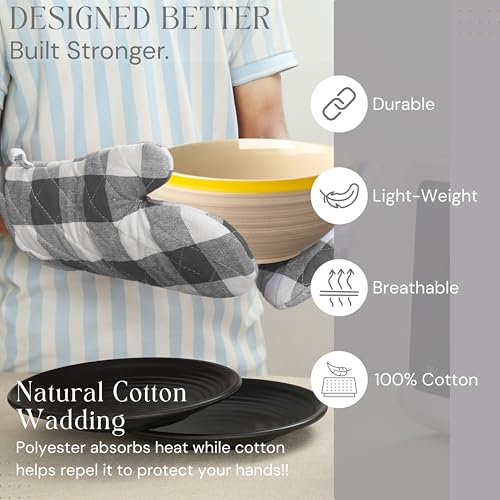 Oven Mitt & Pot Holder Buffalo Plaid Check 100% Cotton Heat Resistant Oven Gloves (7"x13") & Hot Pads (8"x8") Combo for Baking, Cooking - Grey - color: Grey Buffalo Plaid