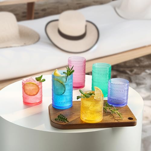 Khen Plastic Hobnail Drinking Glasses Set of 12 Bright Tones Cups 6x 10oz Lowball & 6x 1oz Highball Acrylic Beaded Design, BPA-Free, Dishwasher Safe Indoor/Outdoor Drinkware Water, Juice, Cocktails - color: Sunshine Colors, style: Set of 12