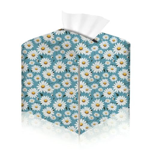 Floral Tissue Box Cover, Tissue Box Holder for Living Room 5x5IN | Square PU Leather Aesthetic FLower Desk Decor Cover for Living Room Bathroom Bedroom Table, Countertop, Dresser, Bedside - color: Blue Flower 385