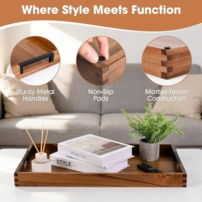Large Ottoman Tray for Living Room and Coffee Table, Decorative Acacia Wood Serving Tray with Metal Handles for Breakfast in Bed, Dinner Food Kitchen TV (Natural, 24" x 15" x 2") - size: 24" x 15" x 2"