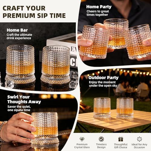 Luxury 360° Spinning Crystal Whiskey Glass Set Of 2, Rotating Old Fashioned Rocks Glasses & & 4 Color Lighting, Scotch & Bourbon, Cocktail Glasses for Bar, Party, Home and Gift (Grid) - color: Grid