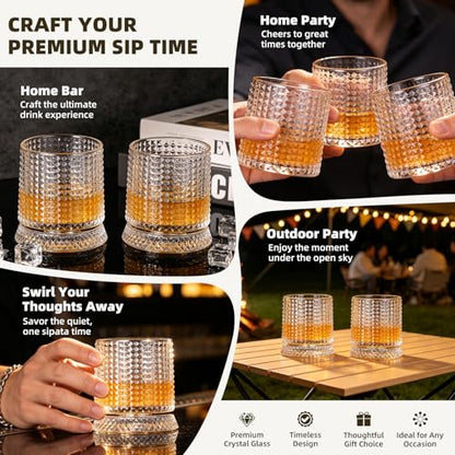 Luxury 360° Spinning Crystal Whiskey Glass Set Of 2, Rotating Old Fashioned Rocks Glasses & & 4 Color Lighting, Scotch & Bourbon, Cocktail Glasses for Bar, Party, Home and Gift (Grid) - color: Grid