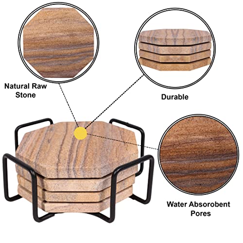Sandstone Water Absorbent Hand Crafted Octagon Coasters for Drinks- Set of 4-4 inches Wide Thirsty Stone bar/Drink Coasters Made from Real Solid Stone (Without Holder, Set of 4) - style: Design 3