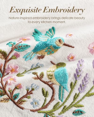 Embroidered Flour Sack Kitchen Towels, Cute Birdie | Exquisite Embroidery, Pure Cotton, Lightweight, Nostalgic Design, with Hanging Loop, Softer After Wash, Machine Washable - color: Birdie