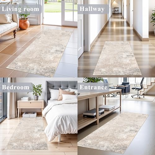 2x5 Washable Kitchen Rug Runner – Non-Slip Abstract Modern Neutral Small Rug for Bathroom, Hallway, Bedroom, Laundry Room, Entryway – Soft Low-Pile Thin with Rubber Backing (Beige Grey, 2x5) - color: Beige Grey, size: 2' x 5' (Rectangular)