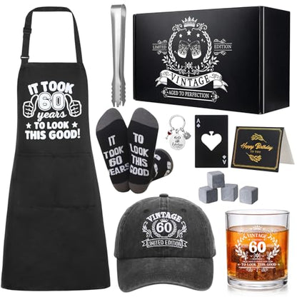 60th Birthday Gifts for Men 60th Birthday Party Supplies | Include 11 Oz Glass Stone Ice Tong Bottle Opener Cap Apron Socks Keychain Greeting Card for Him, Dad, Husband, Friends - style: 60th