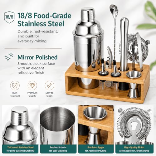 Cocktail Shaker Set, 18/8 Food-Grade Stainless Steel Mixology Bartender Kit 10-Piece Bar Tools with Stylish Bamboo Stand - Rust-Proof & Dishwasher Safe - Professional Martini Shaker Gift for Men, Dad