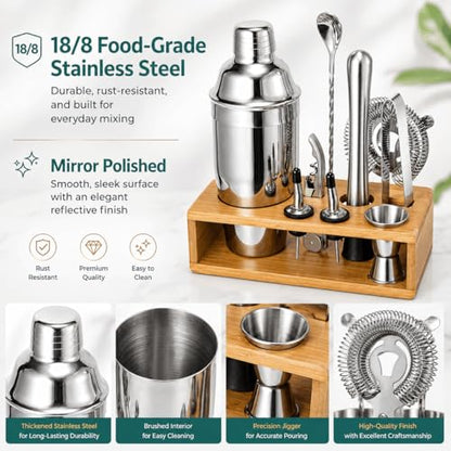 Cocktail Shaker Set, 18/8 Food-Grade Stainless Steel Mixology Bartender Kit 10-Piece Bar Tools with Stylish Bamboo Stand - Rust-Proof & Dishwasher Safe - Professional Martini Shaker Gift for Men, Dad