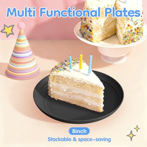 Quatish 16 PCS Unbreakable Reusable Plastic Plates,8 inch Dishwasher & Microwave Safe Dinner Plate, Easy-to-Clean Lightweight,Portable for Kitchen & Picnics Wheat Straw Plates （Black） - color: Black