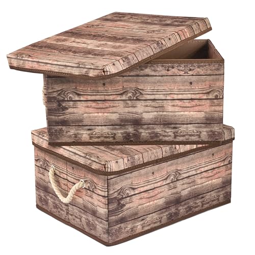Sorbus Storage Box Set with Lid, Carry Handles, Foldable Frame, Rustic Wood Grain Print Bins, Great for Toys, Memorabilia, Closet, Office, Bedroom, 2-Pack (Wood Box Set - Brown) - color: Wood Box Set - Brown