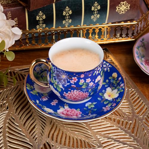 KAMMAK Tea Cup and Saucer, Ceramic Coffee Cups, 7.1 oz, Set of 2 | Porcelain Tea Cups with Saucers for Coffee and Cappuccino, Ideal for Breakfast, Afternoon Tea and Entertaining,939+943N - style: 939N+943N