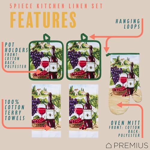 5 Piece Wine Printed Kitchen Linen Set, 2 Cotton Towels, 2 Potholders, 1 Oven Mitt with Hanging Loop, 100% Cotton Material on Front & Polyester Backing, Perfect Kitchen Accessory, Gift - color: Wine