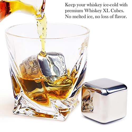 4 XL Stainless Steel Whisky Ice Cubes, Special Tongs & Freezer Pouch in Luxury Gift Box for Whiskey Lovers!