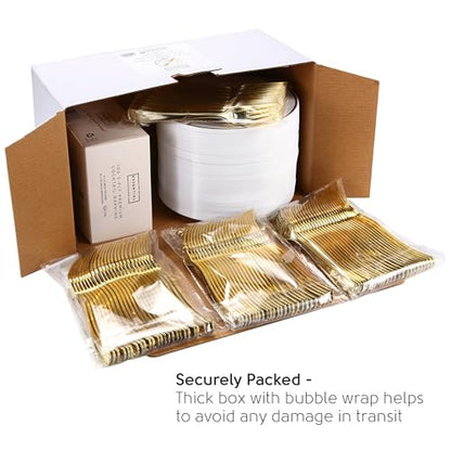 Gold Dessert Plates Set, 100 Wedding Plates, Forks and Napkins, 7.5 Inch | Sturdy plastic, cake service, appetizer tables, salad course, weddings, birthdays, easy cleanup - color: Gold, style: Plates,Forks and Napkins