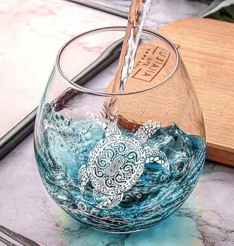 Physkoa Sea Turtle Gifts for Women-13.5oz Sea Turtle Wine Glasses set of 2 - Crackle teal design turtle wine glasses-Hand blown Stemless Wine Glass -Sea lovers Gifts for Birthday，Mothers Day - color: White（2 Count）