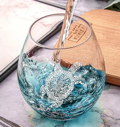 Physkoa Sea Turtle Gifts for Women-13.5oz Sea Turtle Wine Glasses set of 2 - Crackle teal design turtle wine glasses-Hand blown Stemless Wine Glass -Sea lovers Gifts for Birthday，Mothers Day - color: White（2 Count）