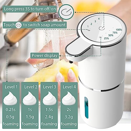 Automatic Soap Dispenser – Touchless Foaming Soap Dispenser 400ml USB Rechargeable Dispenser Electric Wall Mounted 4levels Adjustable Foam Dish Soap Pump for Bathroom Kitchen - color: White, style: Foam