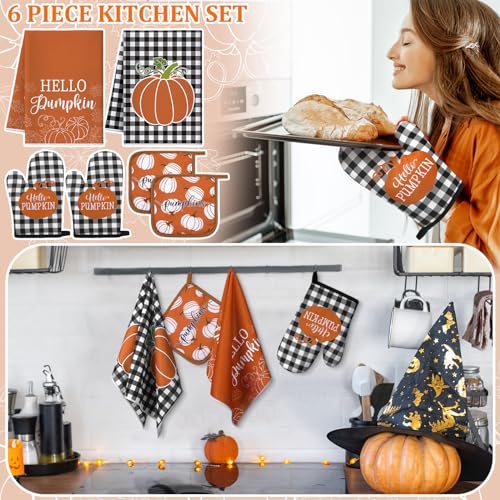 Leinuosen 6 Pack Fall Thanksgiving Kitchen Set with 2 Hello Pumpkin Dish Towels, 2 Pot Holders and 2 Buffalo Plaid Oven Mitts for Gifting, Baking and Cooking - color: Rich Color, style: Pumpkin