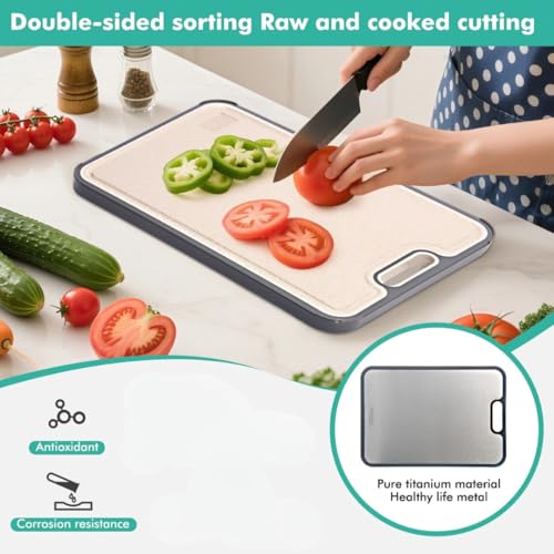 Double Sided Pure Titanium Cutting Board For Kitchen | Reversible Chopping Boards (2 in 1) | Non Toxic Dishwasher Large Size Board With Juice Groove - 15.15"x10.4"