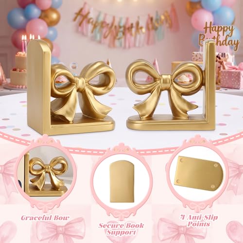 SiliFine 2 Pcs Gold Bow Bookends Cute Resin Bookends Heavy Duty Decorative Book Stand Decor Sculpture Statues Tabletop Shelf Ornament for Desk Home Office Decoration Teacher Back to School Gifts