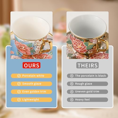20 Pieces Porcelain Tea Set With Metal Holder, European Ceramic tea set for adults,Flower Tea Set,Tea Set For Women With Flower Painting (VIVID BLUE, Largr Vision) - color: VIVID BLUE