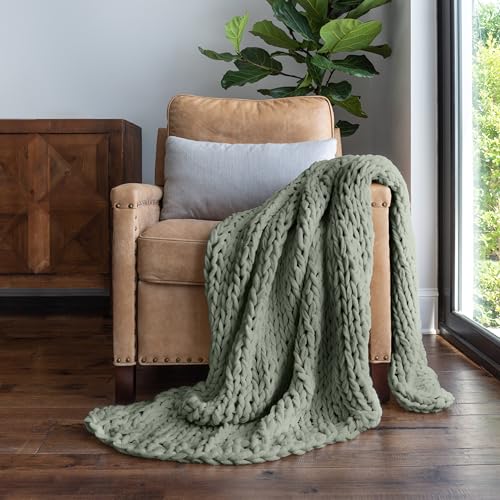 Merit Linens Chunky Knit Throw Blanket - One Size Eucalyptus - color: Chunky Hand-knit Eucalyptus