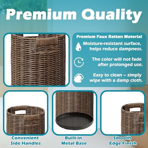Rattan Umbrella Holder 21"H X 10"D, Handmade Wicker Umbrella Stand Indoor with Dip Tray, Sturdy Umbrella Holders for Entryway, Umbrella Bucket Fits Mudroom,Walking Canes,Home,Office (Brown) - color: Brown