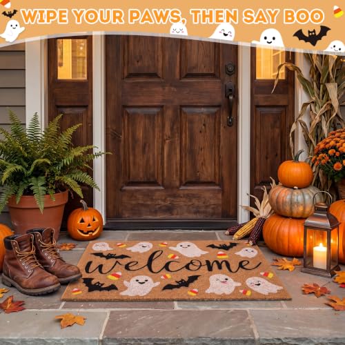 Halloween Welcome Doormat, 16.5x30in Faux Coir Welcome Door Mat | Non Slip Backing, Washable and Reusable, Quick Drying, Bat Ghost Candy Pattern, Halloween Decor, Indoor Outdoor Porch Use - style: Halloween