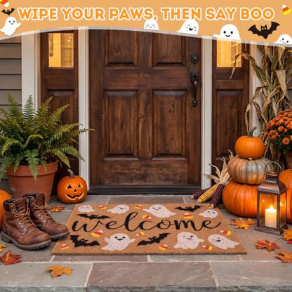 Halloween Welcome Doormat, 16.5x30in Faux Coir Welcome Door Mat | Non Slip Backing, Washable and Reusable, Quick Drying, Bat Ghost Candy Pattern, Halloween Decor, Indoor Outdoor Porch Use - style: Halloween