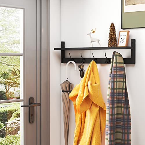 AMBIRD Wall Hooks with Shelf Entryway Hanging Wood Coat Hooks with Shelf Wall-Mounted Coat Hook Rack with 5 Dual Hooks for Bathroom, Living Room, Bedroom (Stylish Black) - size: 28.9inch, style: Stylish