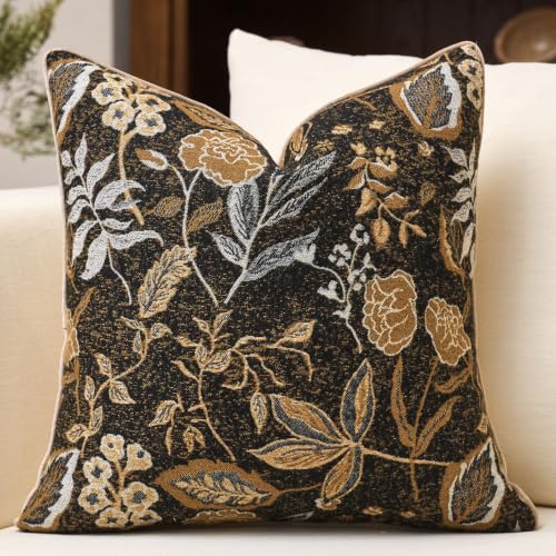 Black Floral Textured Throw Pillow Cover 18x18 Fall Vintage Rust Pillow Cover Farmhouse Summer Leaf Cushion Cover Chenille Neutral Flower Pillowcase Home Decor for Sofa Living Room Bedding - color: Black, size: 18" x 18" (Pack of 1)