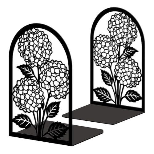 5.3"x4.3"x7.9" Metal Bookends, Heavy Duty Book Ends for Shelves | Hydrangea Theme Cast Iron Book Supports, 1 Pair Decor Stoppers for Desk, Library, Office & Home Shelves - style: Hydrangea