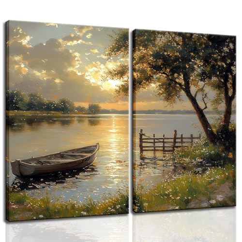 2Pcs Framed Fall Landscape Canvas Wall Art, Lake Boat Forest Art Prints, Autumn Scenery Nature Decor Pictures, Rustic Gold Paintings Wall Decor Living Room, Bedroom, Office 12x16in - color: Sunset 2pcs, size: 12x16 Inches