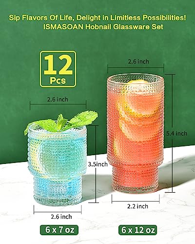 ISMASOAN Hobnail Drinking Glasses Set of 12, Stackable Glasses 12 oz & 7 oz | Beaded Drinking Glasses with vintage bubble texture. Gift-ready highball cups for water, juice, cocktails and everyday drinks - style: Stackable Dewdrop Surface