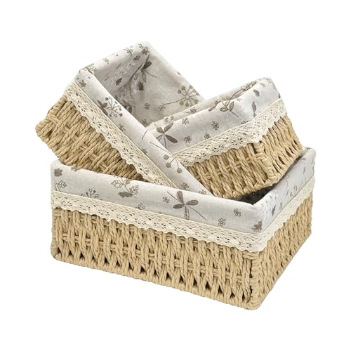 Wicker Storage Baskets Set of 3, Handwoven Paper Rope Organizer Bins with Removable Floral Liner, Small Medium Large for Bathroom, Pantry, Shelf, Countertop, Closet (Beige, L+M+S) - color: Beige, size: L+M+S