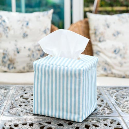 Potchen Tissue Box Cover Square Coastal Blue White Stripe for Bathroom Home | Washable Cotton, Decorative Modern, Fabric Tissue Holder, Stylish Storage, Breathable, Easy to Clean, Bedroom Office