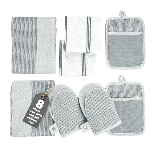 Casa Platino 8-Piece Mini Oven Mitt & Pot Holder Set – 500°F Heat Resistant with Silicone Grip, Includes 2 Kitchen Towels & 2 Dish Cloths for Drying – Non-Slip, Durable, Machine Washable – Grey - color: 05: Oven Mitts - Grey, size: Oven Mitt Set - 8 Pack